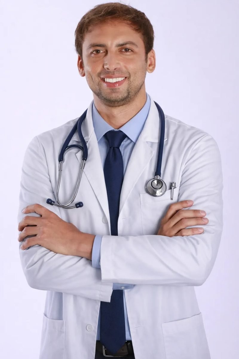 Dr. Adam Alborta, médico prescritor de canabidiol, de jaleco branco e estetoscópio